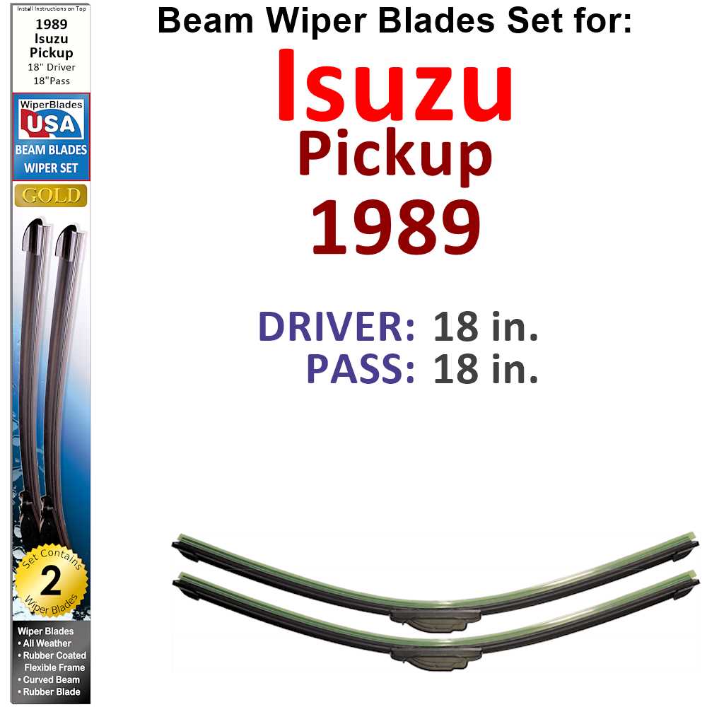 Set of 2 Beam Wiper Blades designed for 1989 Isuzu Pickup, showcasing their flexible and durable construction.