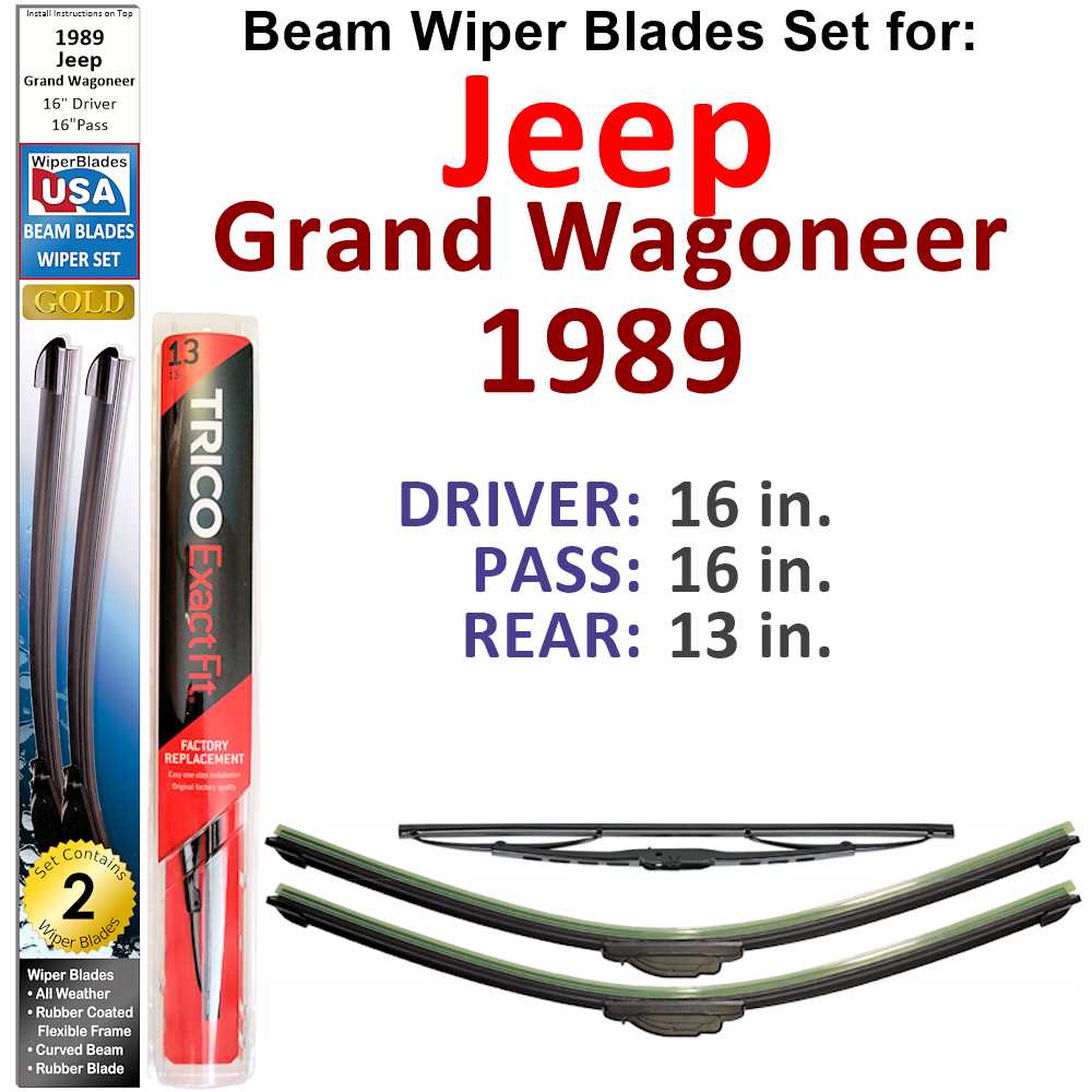 Set of 3 Beam Wiper Blades designed for 1989 Jeep Grand Wagoneer, showcasing their flexible and durable construction.