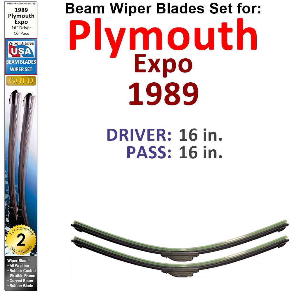 Set of two Beam Wiper Blades designed for 1989 Plymouth Expo, showcasing their flexible and durable construction.