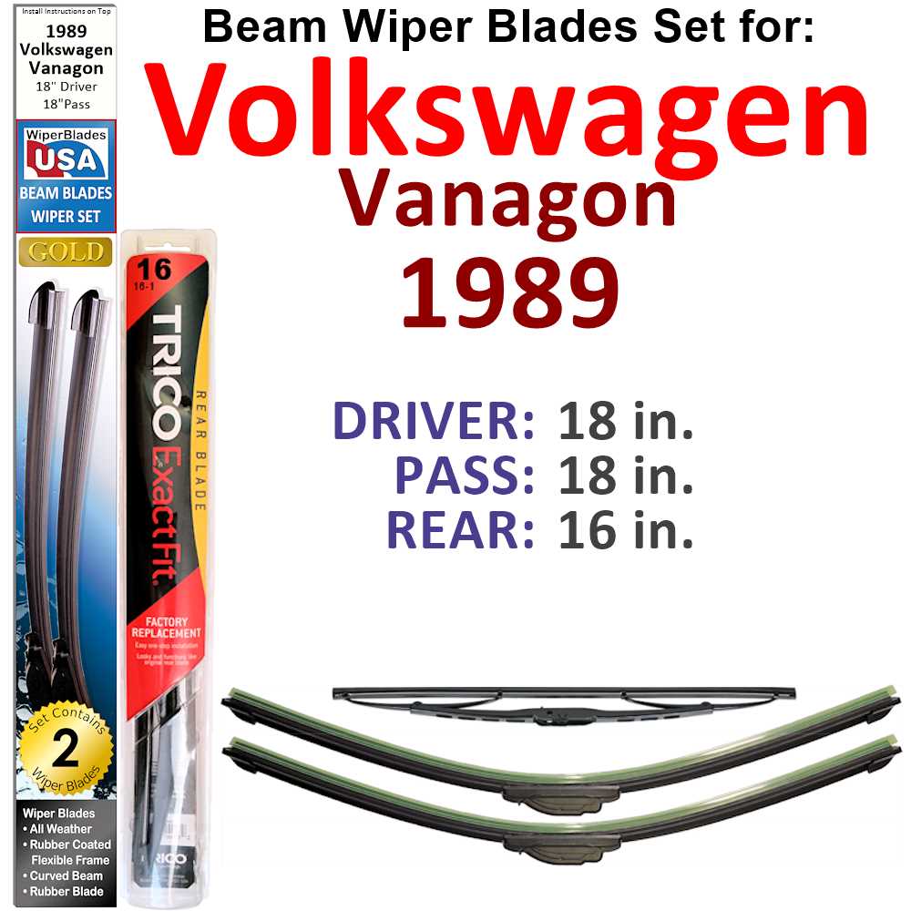 Set of 3 Beam Wiper Blades designed for 1989 Volkswagen Vanagon, showcasing their flexible and durable design.