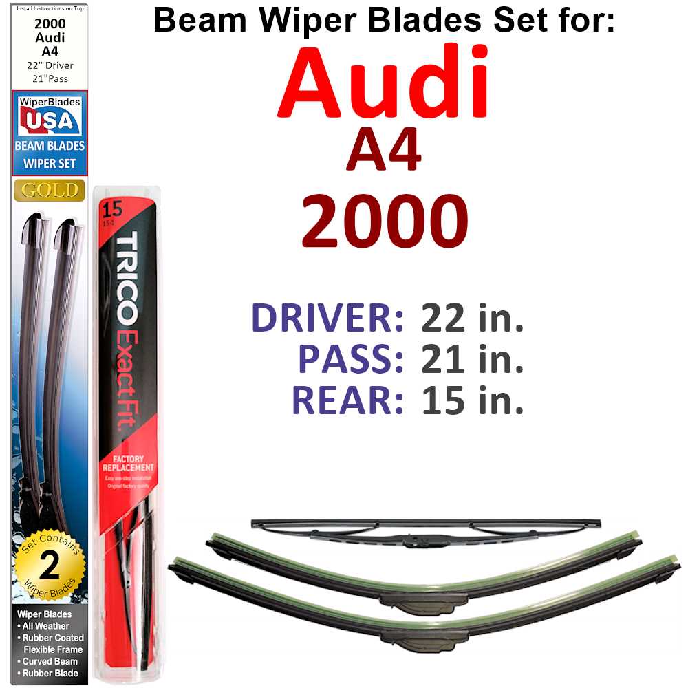 Set of 3 Beam Wiper Blades designed for 2000 Audi A4, showcasing their flexible and durable construction.
