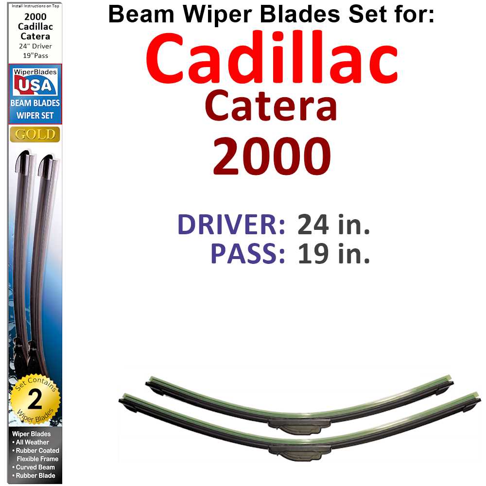Set of 2 Beam Wiper Blades designed for 2000 Cadillac Catera, showcasing their flexible and durable construction.