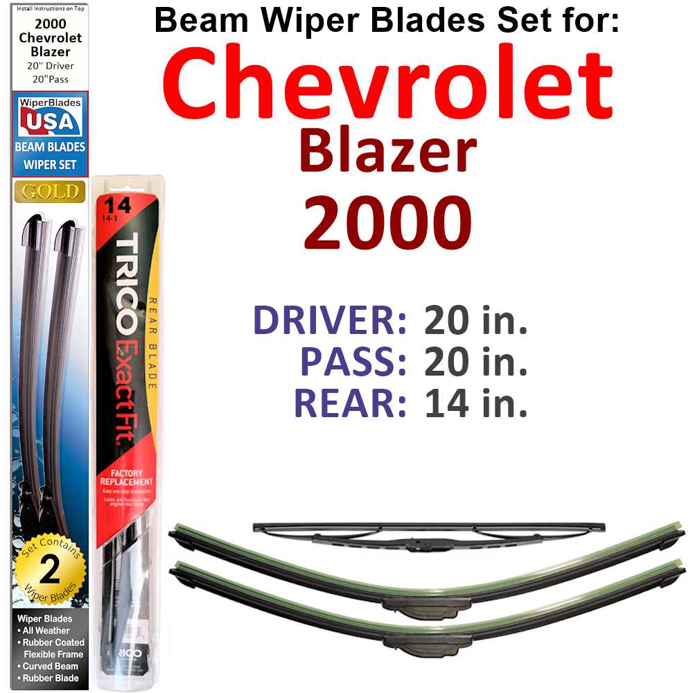 Set of 3 Beam Wiper Blades designed for 2000 Chevrolet Blazer, showcasing their flexible and sealed design for optimal windshield contact.