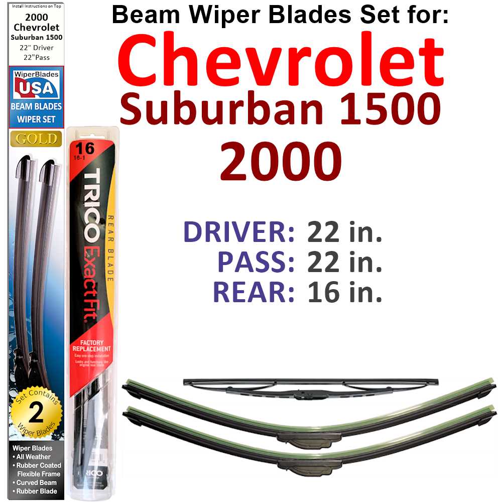 Set of 3 Beam Wiper Blades designed for 2000 Chevrolet Suburban 1500, showcasing their flexible and durable design.