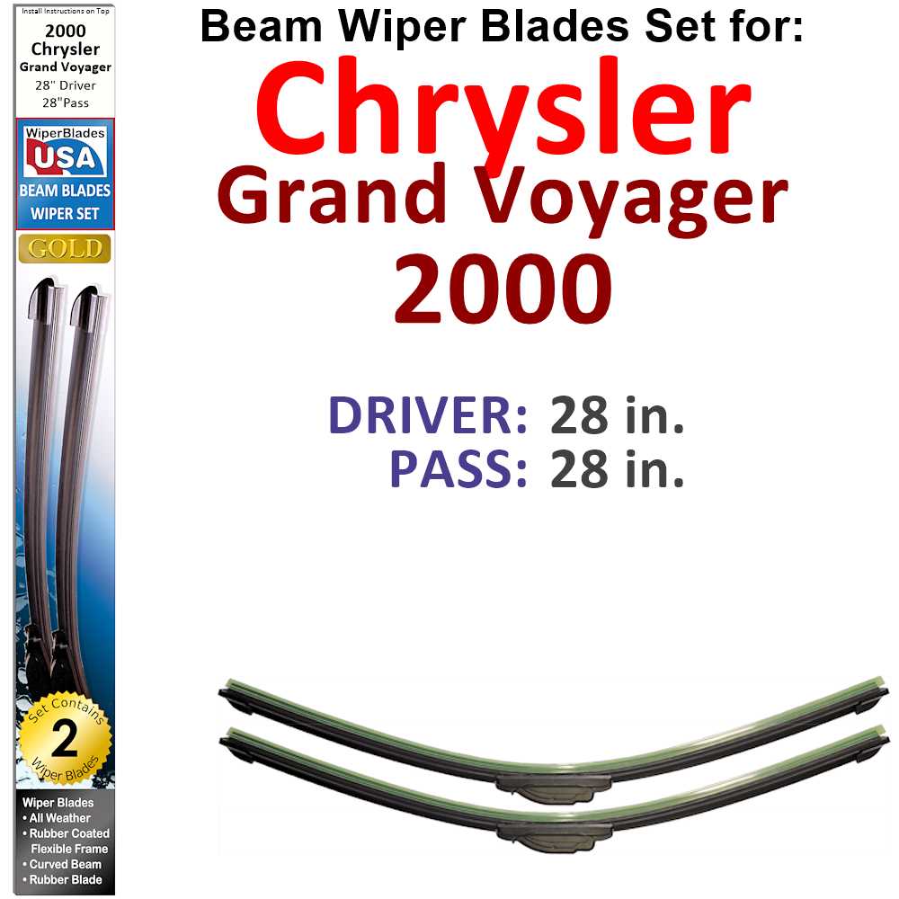Set of 2 Beam Wiper Blades designed for 2000 Chrysler Grand Voyager, showcasing their flexible and durable construction.