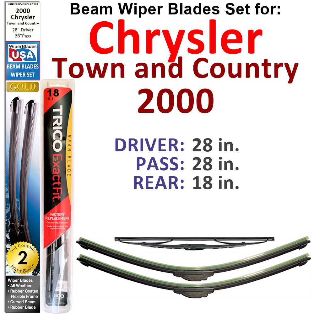 Set of 3 Beam Wiper Blades designed for 2000 Chrysler Town and Country, showcasing their flexible and durable construction.