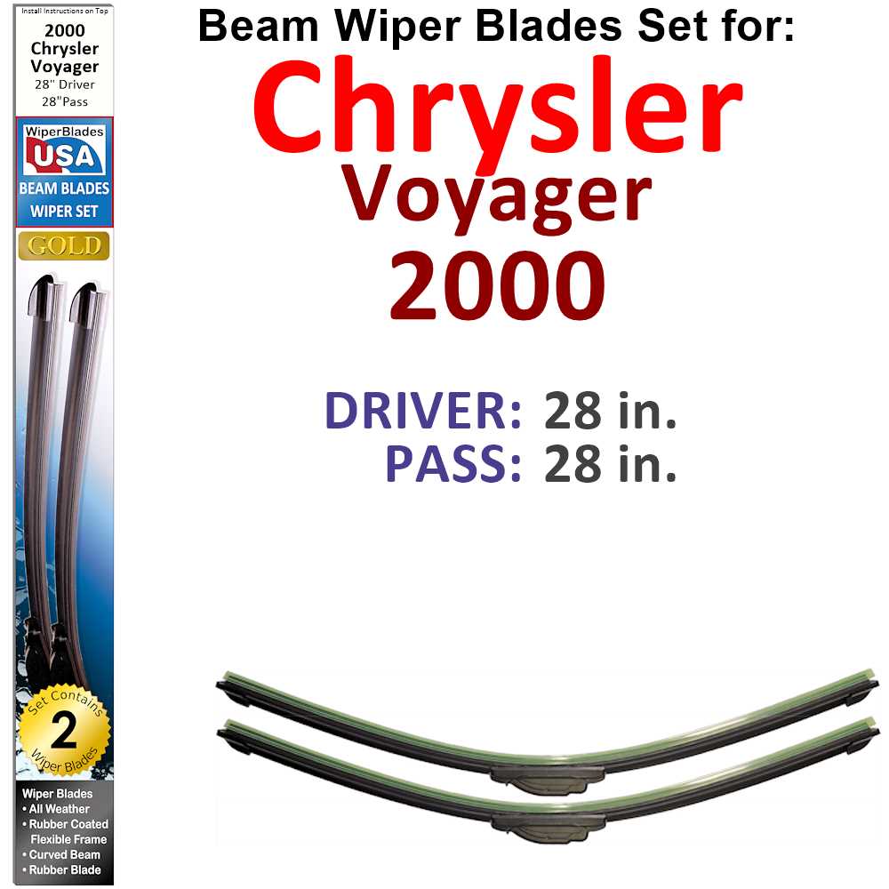 Set of 2 Beam Wiper Blades designed for 2000 Chrysler Voyager, showcasing their flexible and durable construction.