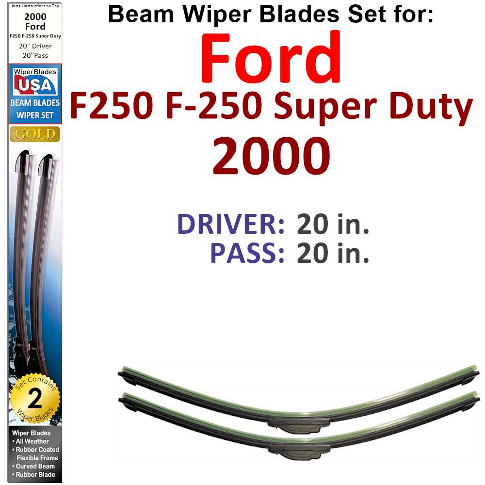Set of 2 Beam Wiper Blades designed for 2000 Ford F250 F-250 Super Duty, showcasing their flexible and durable construction.