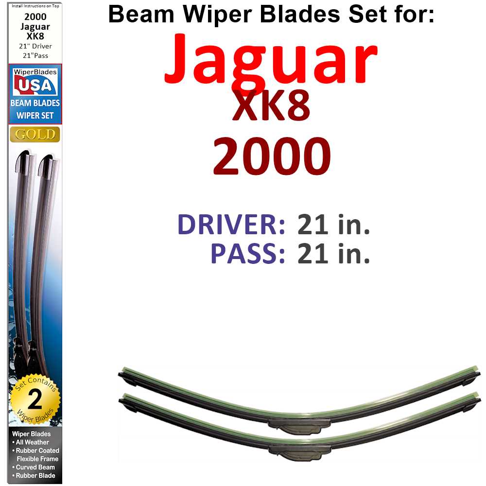 Set of two Beam Wiper Blades designed for 2000 Jaguar XK8, showcasing their low-profile and flexible design.