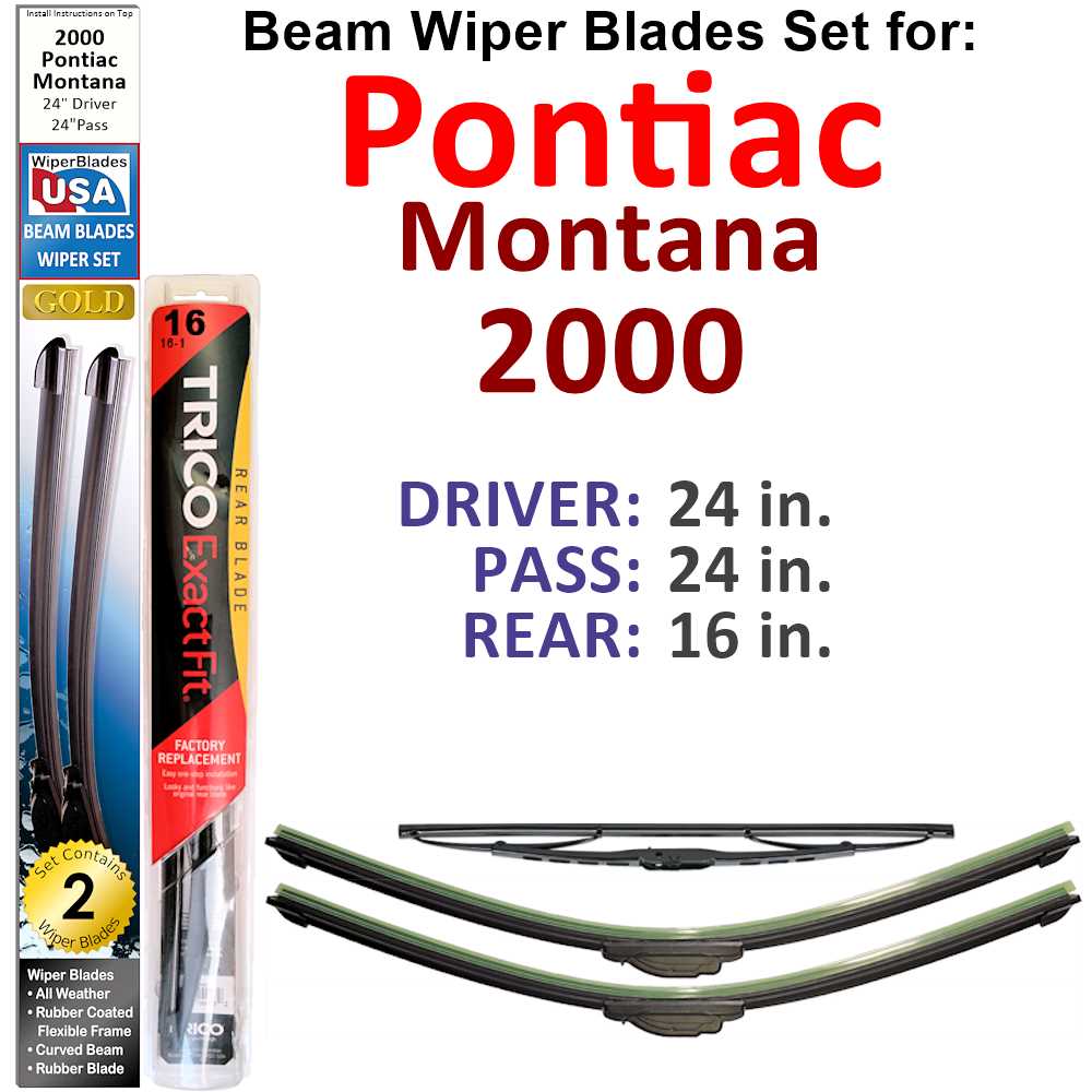 Set of 3 Beam Wiper Blades designed for 2000 Pontiac Montana, showcasing their flexible and durable construction.