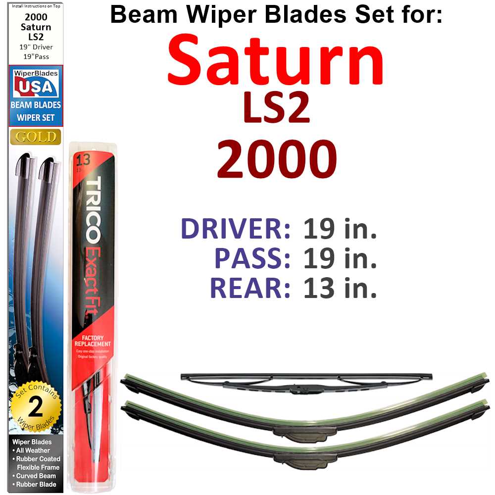 Set of 3 Beam Wiper Blades designed for 2000 Saturn LS2, showcasing their flexible and durable construction.