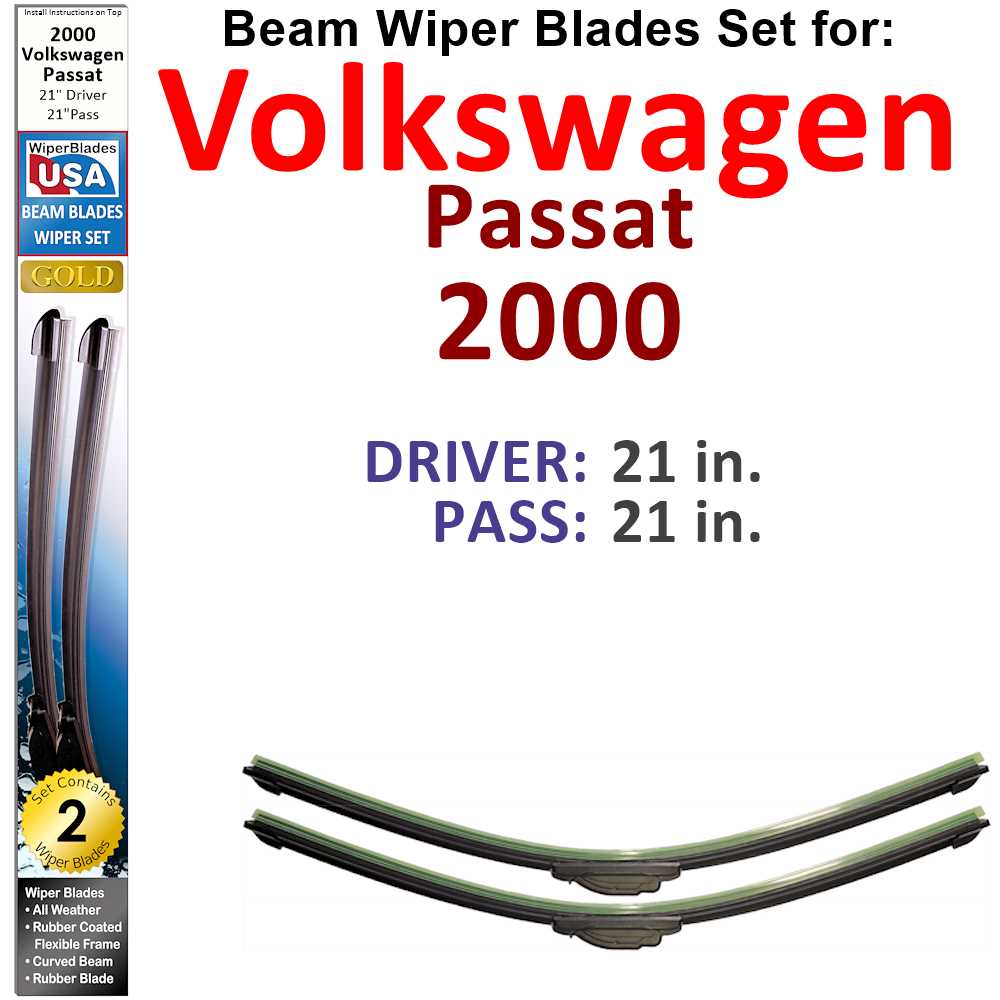 Set of 2 Beam Wiper Blades designed for 2000 Volkswagen Passat, showcasing their flexible and durable construction.