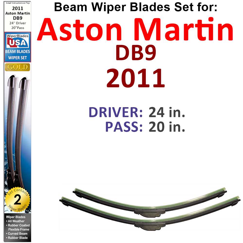 Set of 2 Beam Wiper Blades designed for 2011 Aston Martin DB9, showcasing their sleek design and durable construction.