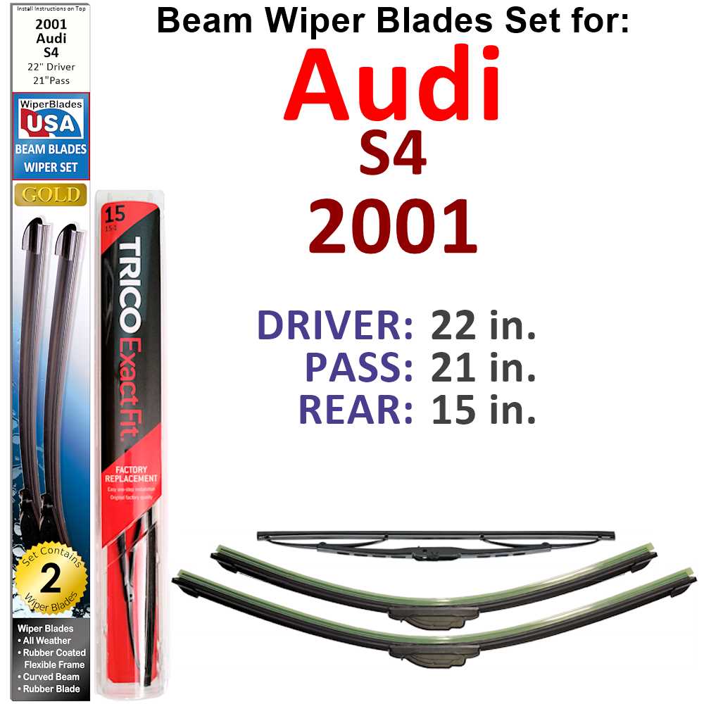 Set of 3 Beam Wiper Blades designed for 2001 Audi S4, showcasing their flexible and durable construction.