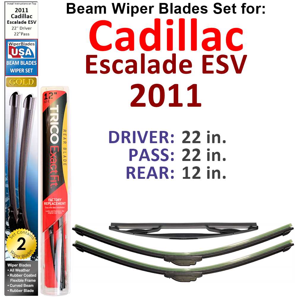 Set of 3 Beam Wiper Blades designed for 2011 Cadillac Escalade ESV, showcasing their flexible and durable construction.
