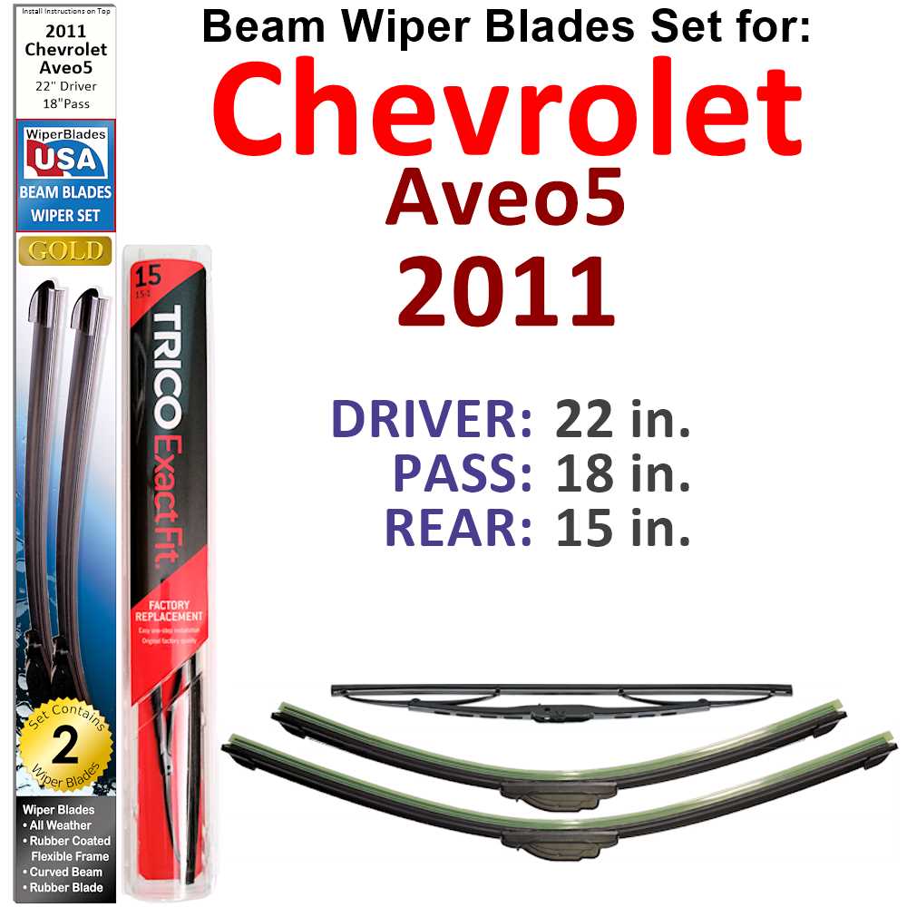 Set of 3 Beam Wiper Blades designed for 2011 Chevrolet Aveo5, showcasing their flexible and durable construction.