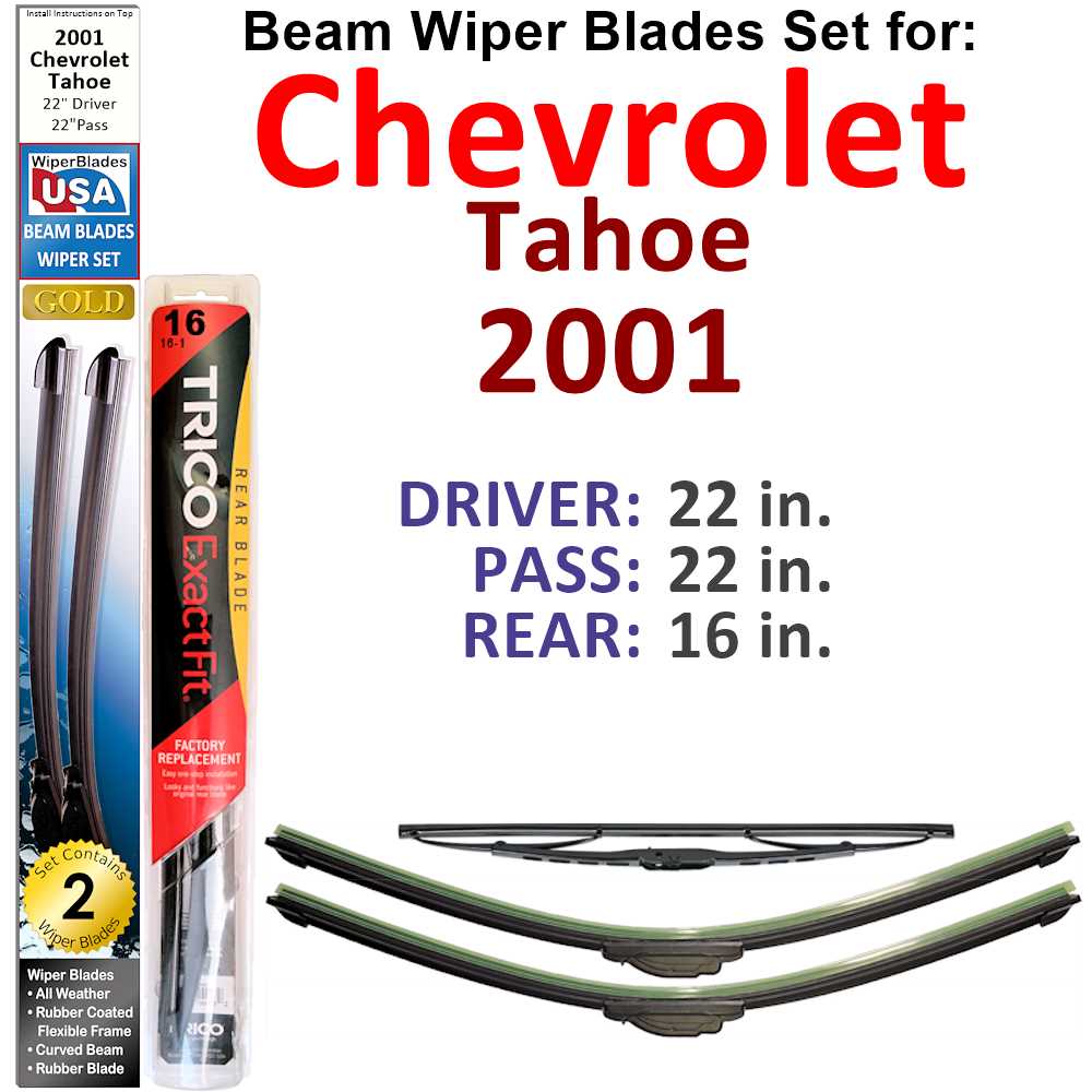 Set of 3 Beam Wiper Blades designed for 2001 Chevrolet Tahoe, showcasing their flexible and low-profile design for optimal windshield contact.