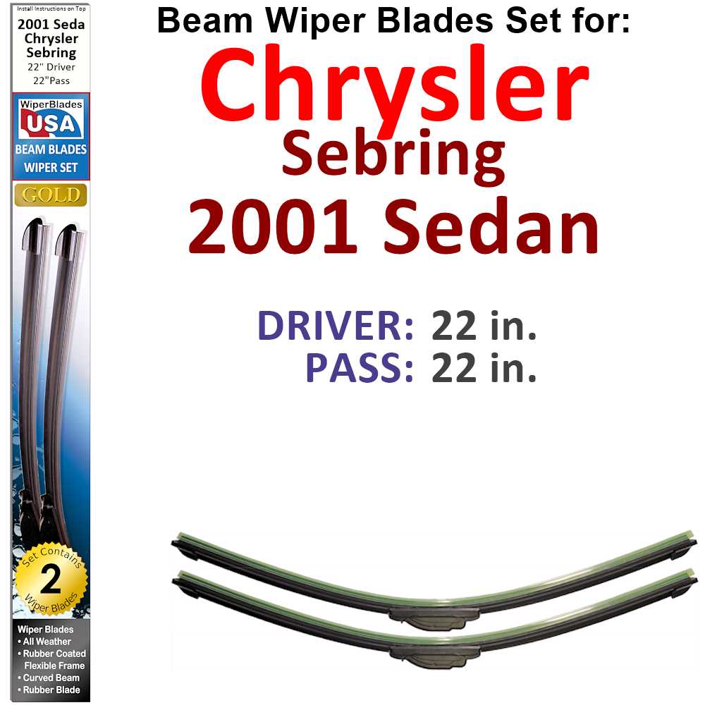 Set of two Beam Wiper Blades designed for 2001 Chrysler Sebring Sedan, showcasing their flexible and durable construction.