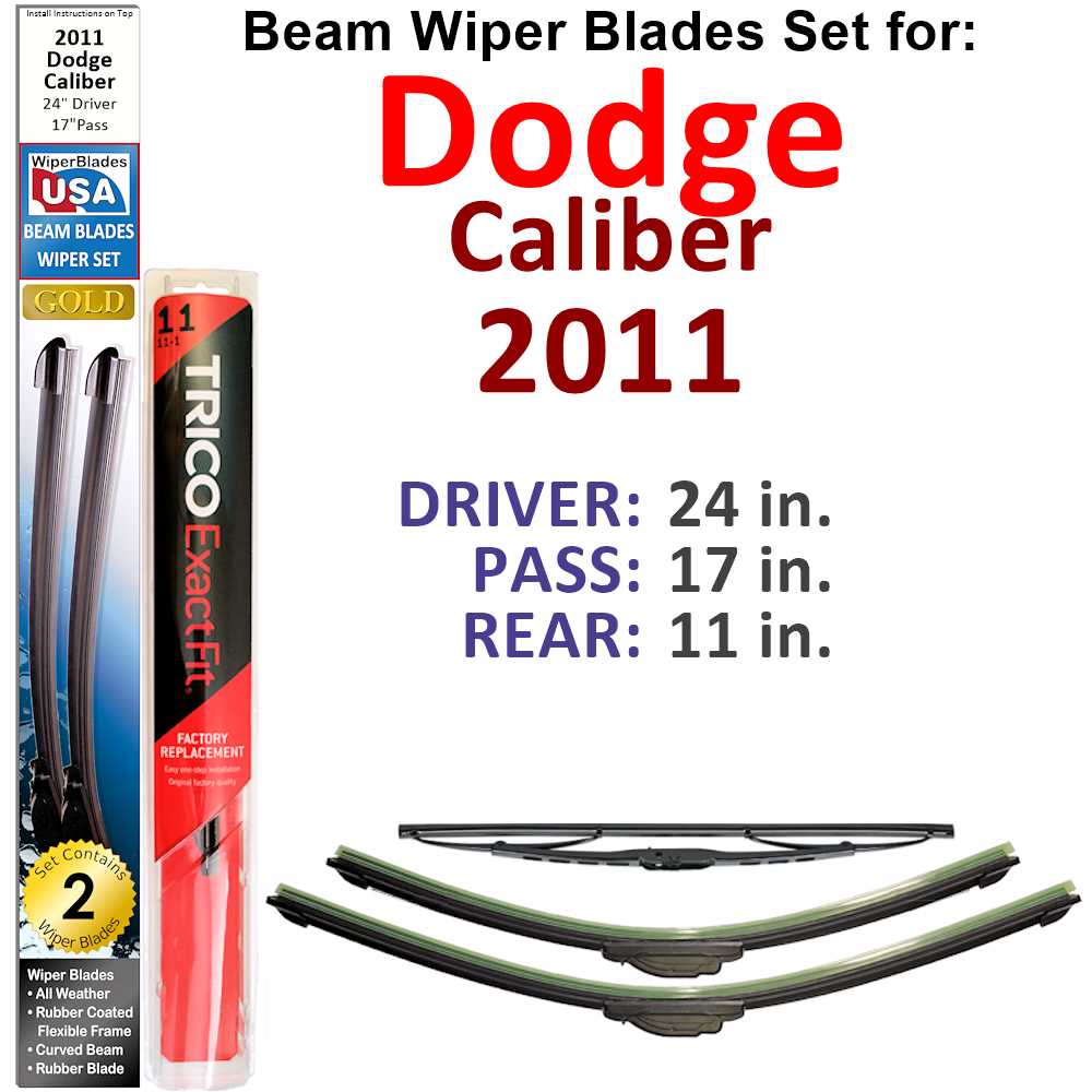 Set of 3 Beam Wiper Blades designed for 2011 Dodge Caliber, showcasing their flexible and durable construction.