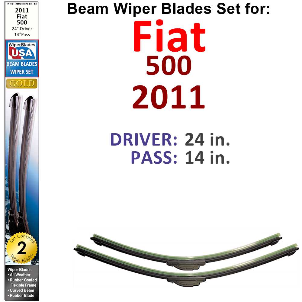 Set of two Beam Wiper Blades designed for 2011 Fiat 500, showcasing their flexible and durable design.