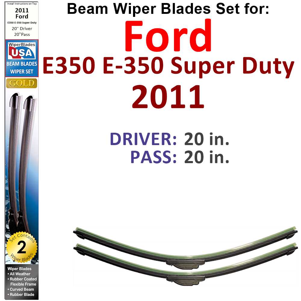 Set of two Beam Wiper Blades designed for 2011 Ford E350 E-350 Super Duty, showcasing their flexible and durable construction.