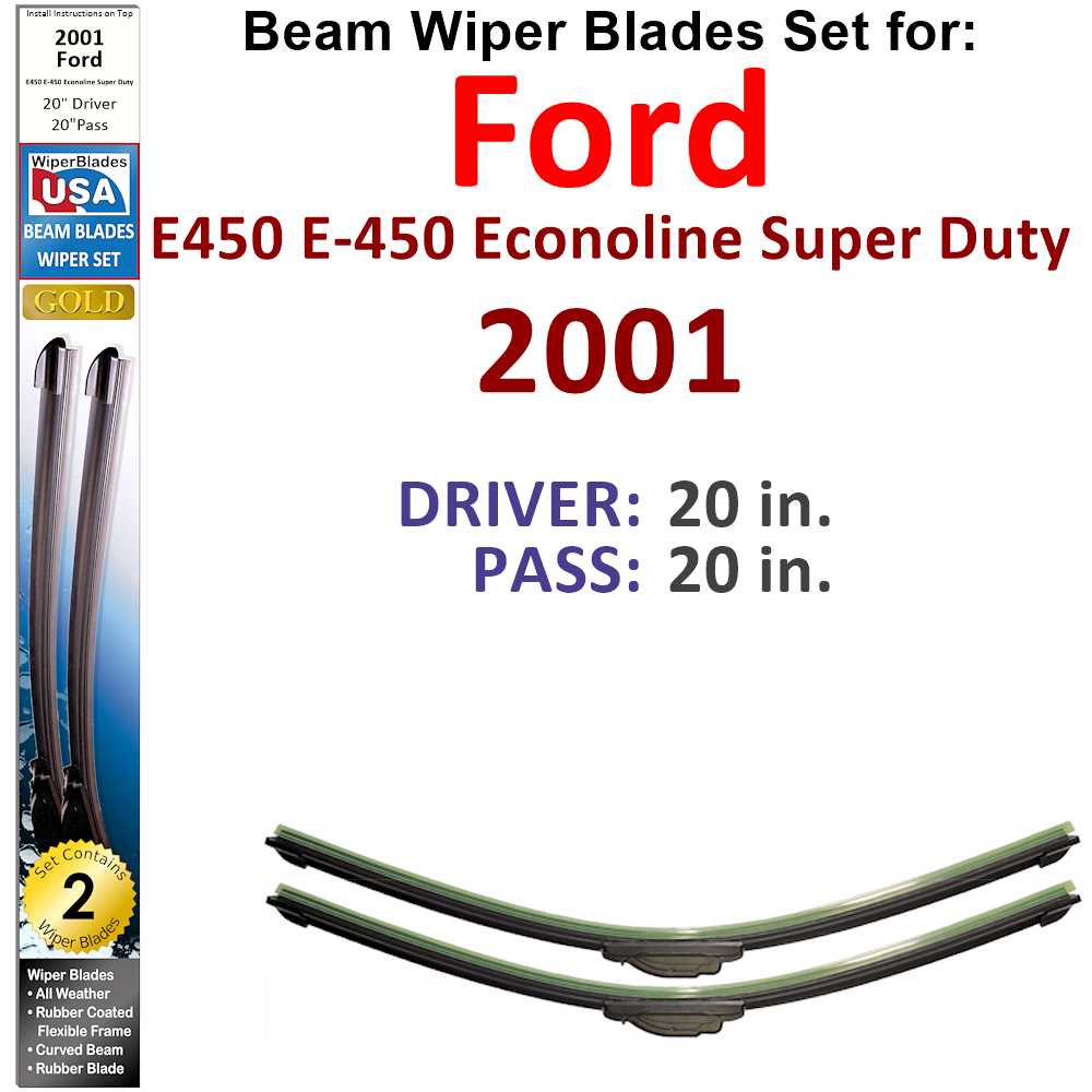 Set of two Beam Wiper Blades designed for 2001 Ford E450 E-450 Econoline Super Duty, showcasing their flexible and durable design.