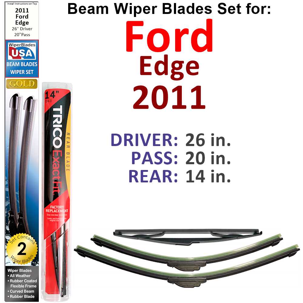 Set of 3 Beam Wiper Blades designed for 2011 Ford Edge, showcasing their flexible and durable construction.