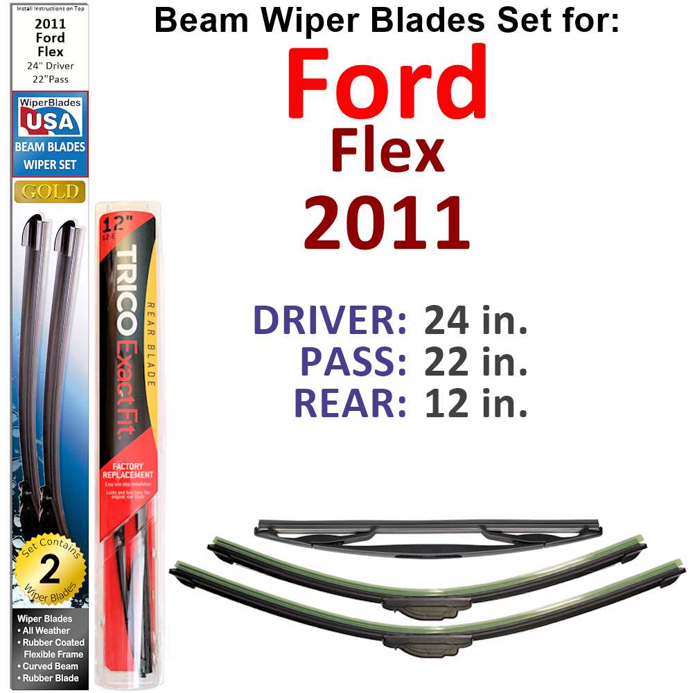 Set of 3 Beam Wiper Blades designed for 2011 Ford Flex, showcasing their flexible design and rubber-encased metal spine.