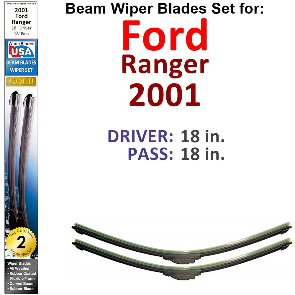 Set of two Beam Wiper Blades designed for 2001 Ford Ranger, showcasing their flexible and durable design.