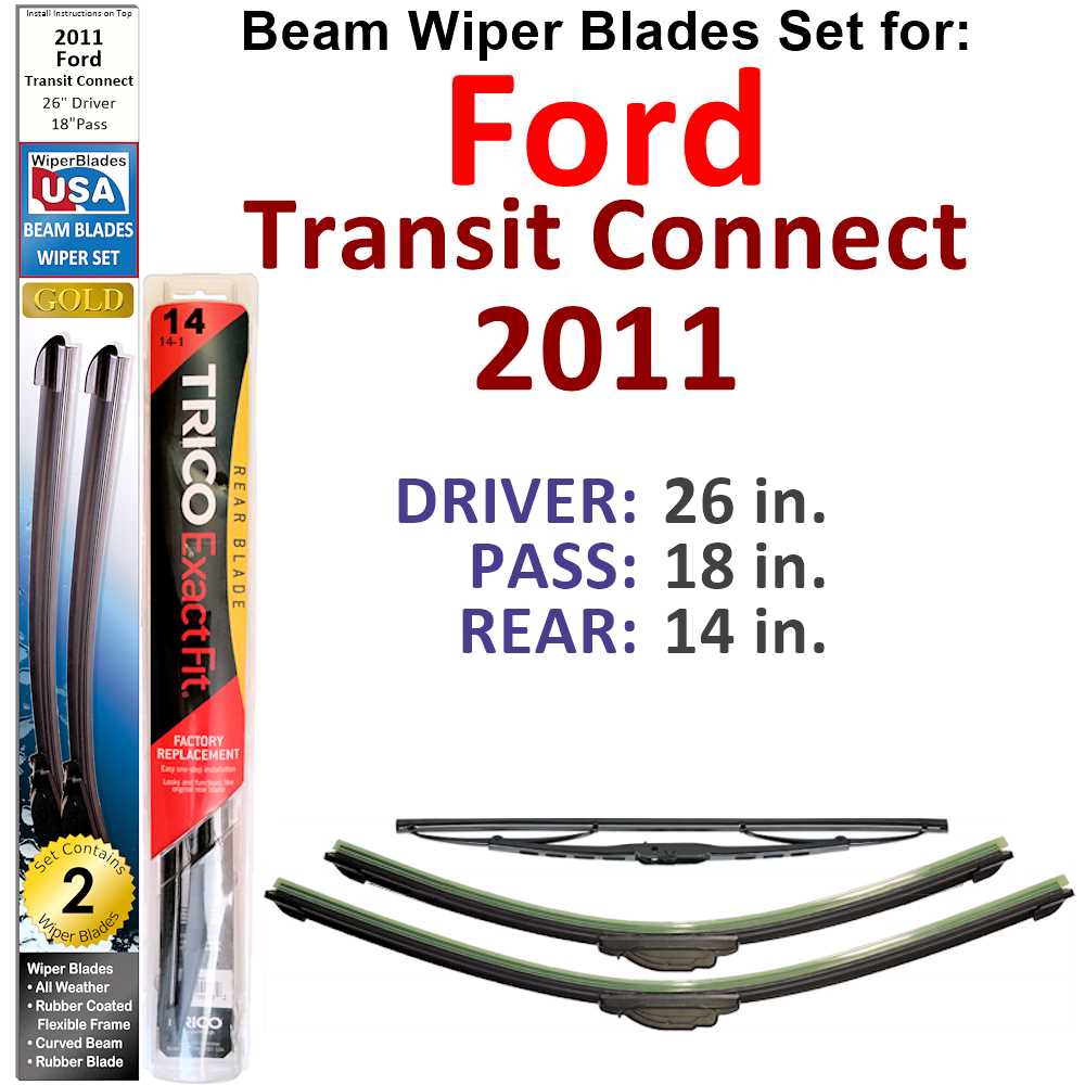 Set of 3 Beam Wiper Blades designed for 2011 Ford Transit Connect, showcasing their flexible and durable construction.