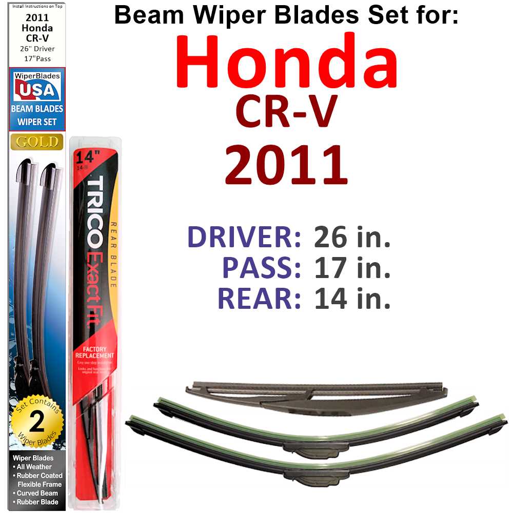 Set of 3 Beam Wiper Blades designed for 2011 Honda CR-V, showcasing their flexible and durable construction.