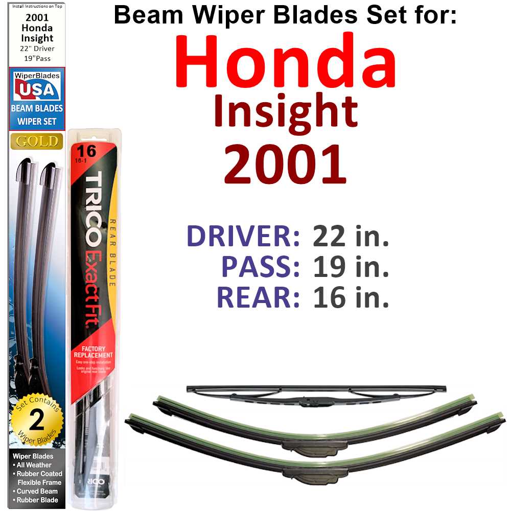 Set of 3 Beam Wiper Blades designed for 2001 Honda Insight, showcasing their flexible and sealed design for optimal performance.