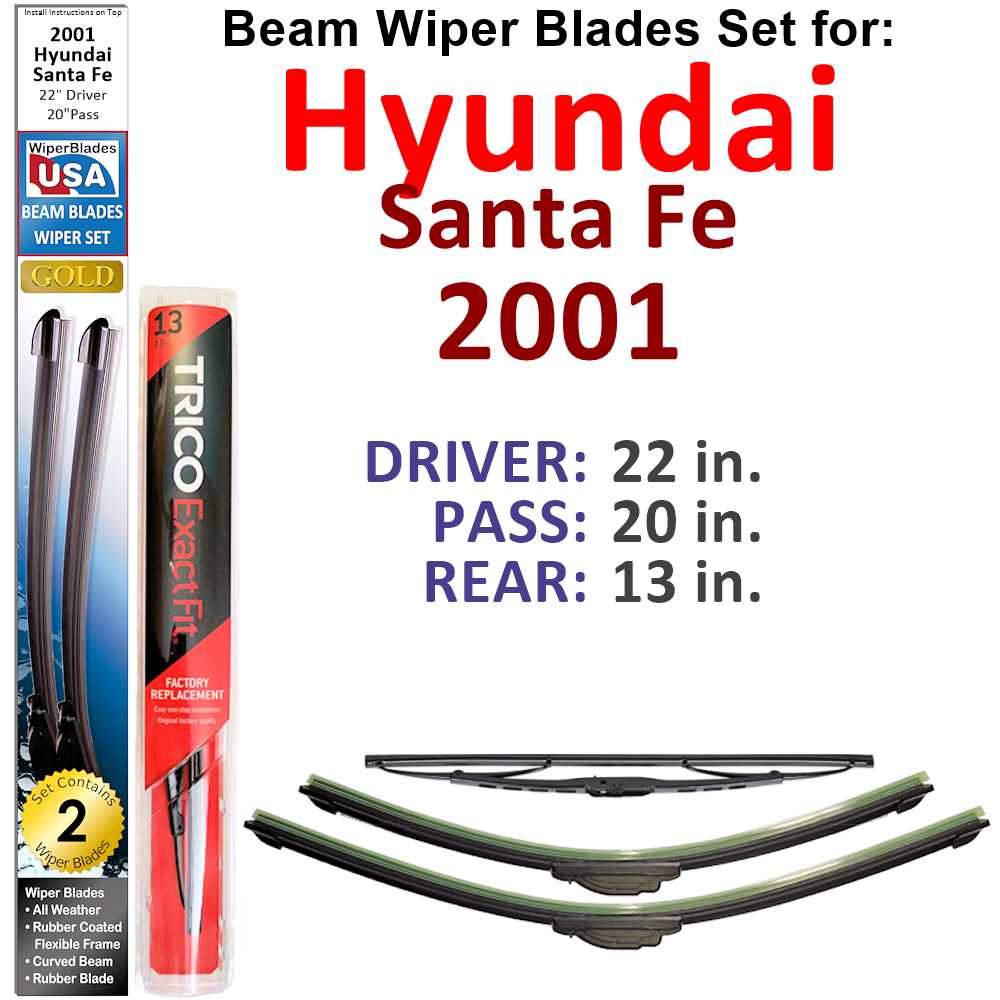 Set of 3 Beam Wiper Blades for 2001 Hyundai Santa Fe, showcasing their sleek design and durable construction.
