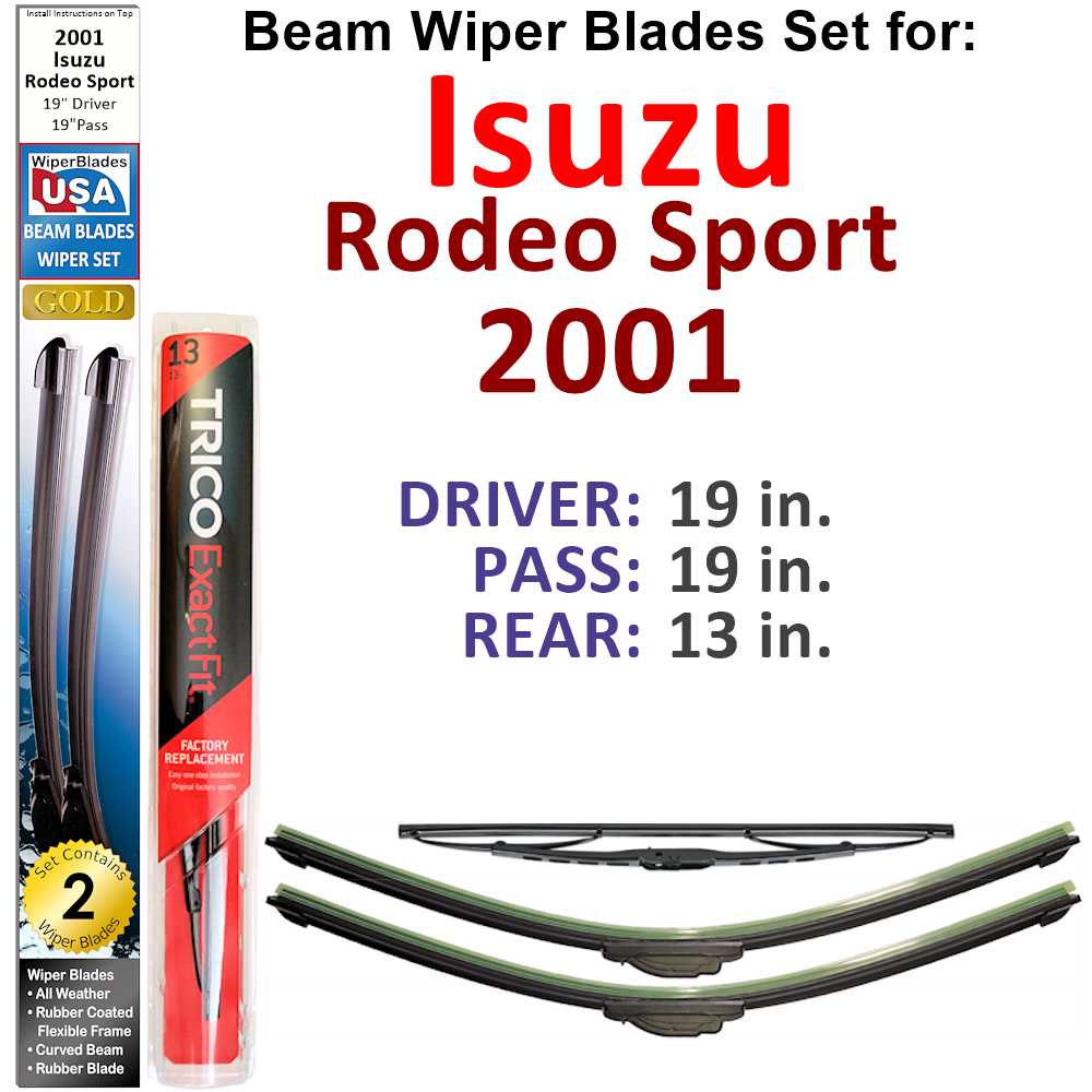 Set of 3 Beam Wiper Blades designed for 2001 Isuzu Rodeo Sport, showcasing their flexible and durable design.