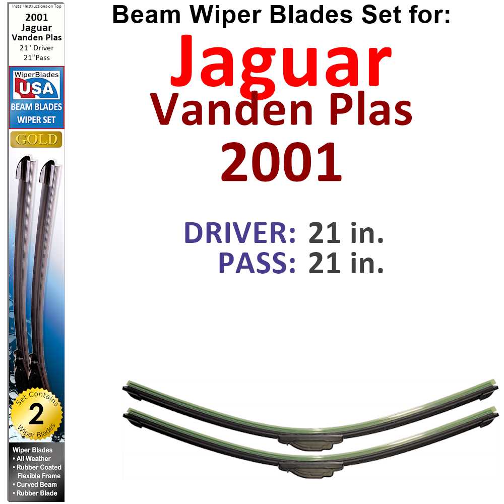 Set of 2 Beam Wiper Blades designed for 2001 Jaguar Vanden Plas, showcasing their flexible and durable construction.