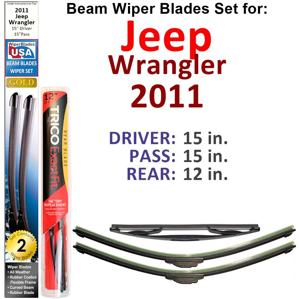 Set of 3 Beam Wiper Blades designed for 2011 Jeep Wrangler, showcasing their flexible and durable construction.