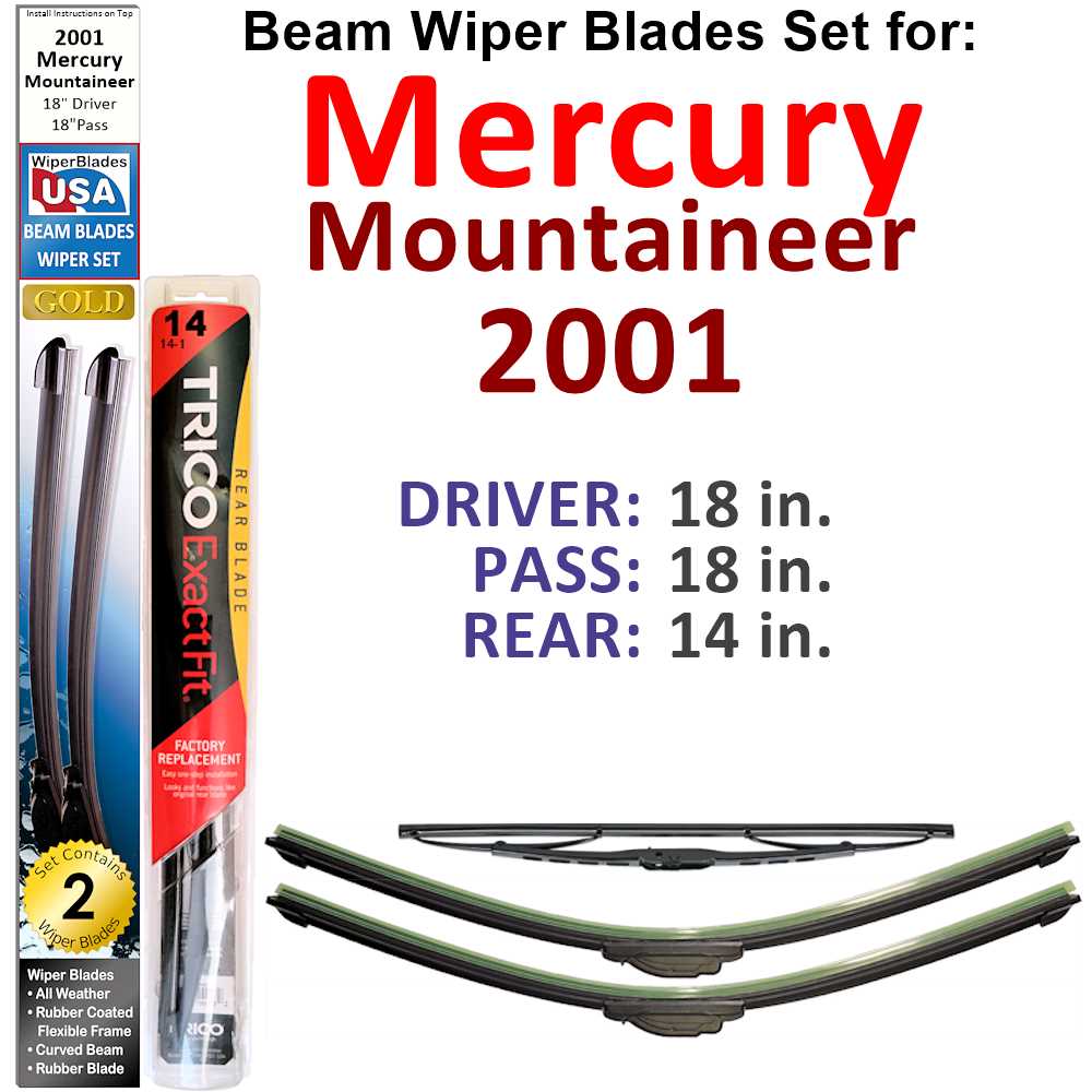 Set of 3 Beam Wiper Blades designed for 2001 Mercury Mountaineer, showcasing their flexible and durable construction.