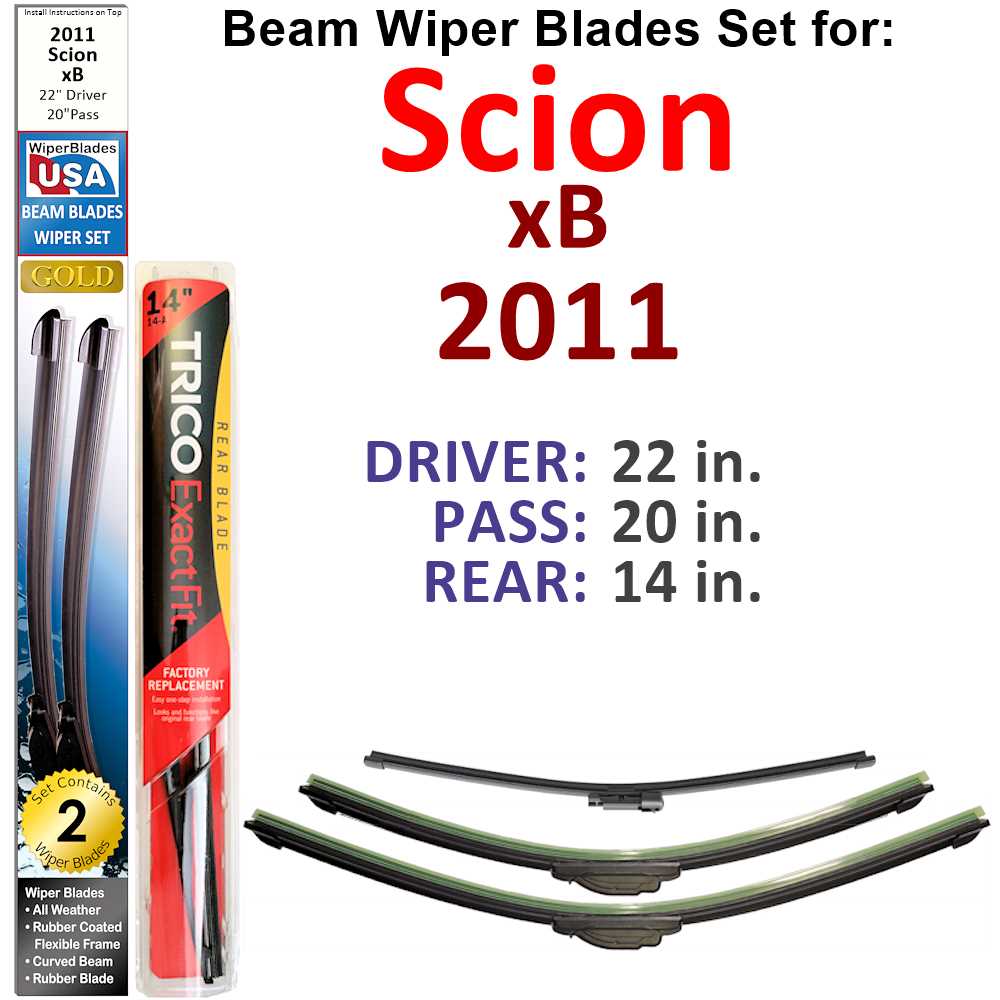 Set of 3 Beam Wiper Blades designed for 2011 Scion xB, showcasing their flexible and durable construction.