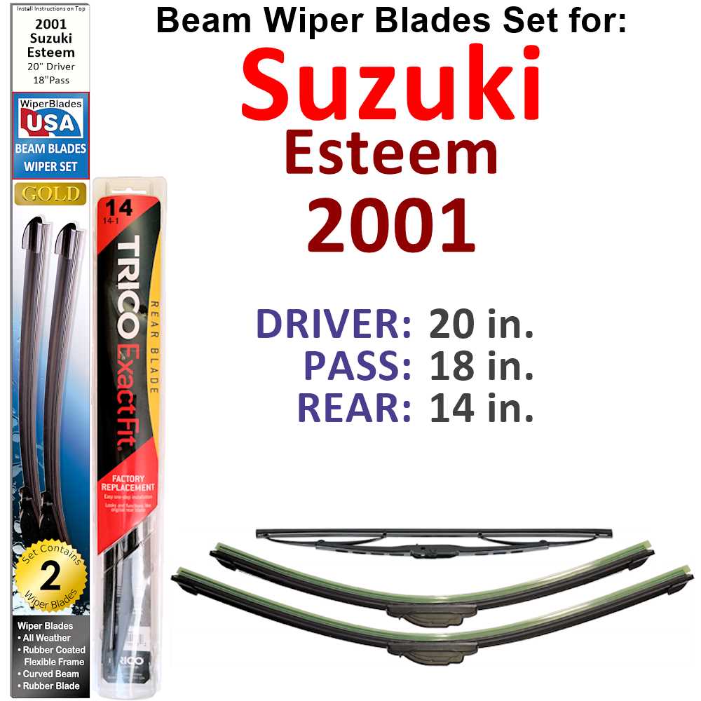 Set of 3 Beam Wiper Blades designed for 2001 Suzuki Esteem, showcasing their flexible and durable construction.