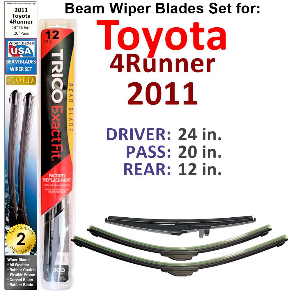 Set of 3 Beam Wiper Blades designed for 2011 Toyota 4Runner, showcasing their flexible and sealed design for optimal performance.