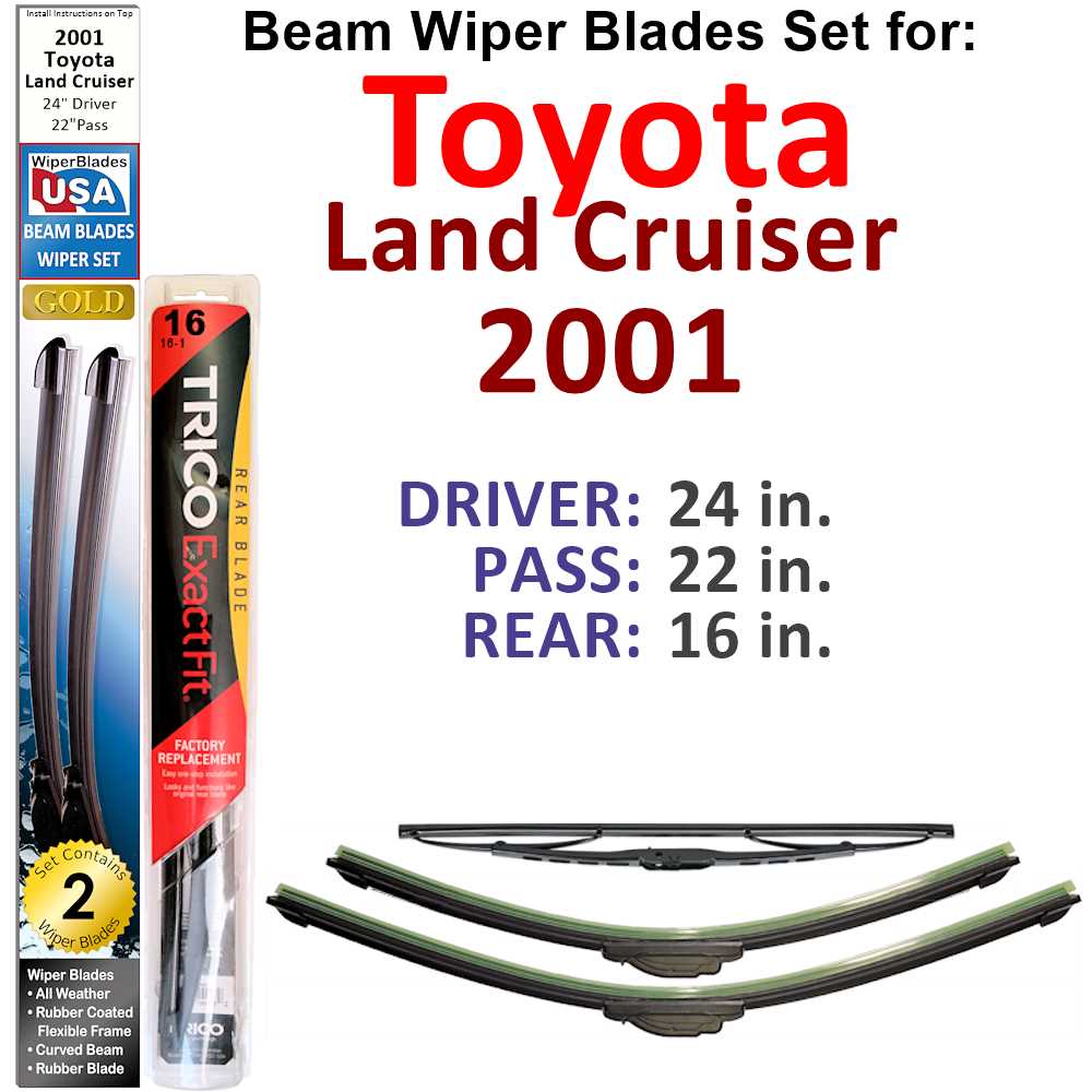 Set of 3 Beam Wiper Blades designed for 2001 Toyota Land Cruiser, showcasing their flexible and sealed construction for optimal windshield contact.