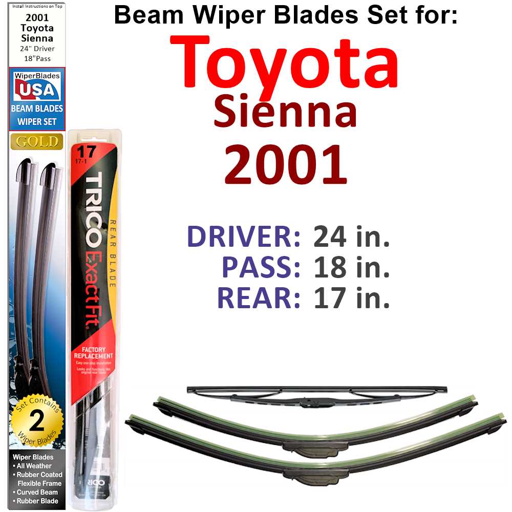 Set of 3 Beam Wiper Blades designed for 2001 Toyota Sienna, showcasing their flexible and durable construction.