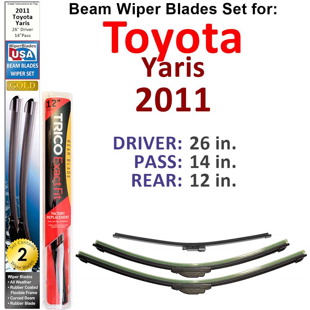 Set of 3 Beam Wiper Blades designed for 2011 Toyota Yaris, showcasing their flexible and durable construction.