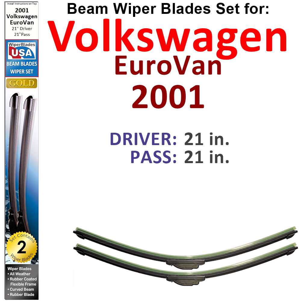 Set of 2 Beam Wiper Blades designed for 2001 Volkswagen EuroVan, showcasing their flexible and durable construction.