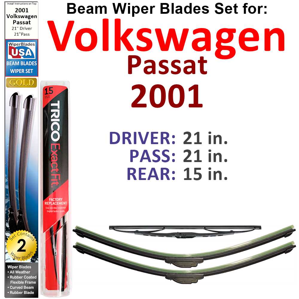 Set of 3 Beam Wiper Blades for 2001 Volkswagen Passat, showcasing their flexible design and rubber-encased metal spine for durability.
