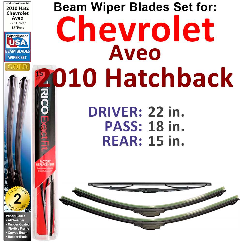 Set of 3 Beam Wiper Blades designed for 2010 Chevrolet Aveo Hatchback, showcasing their flexible and durable design.