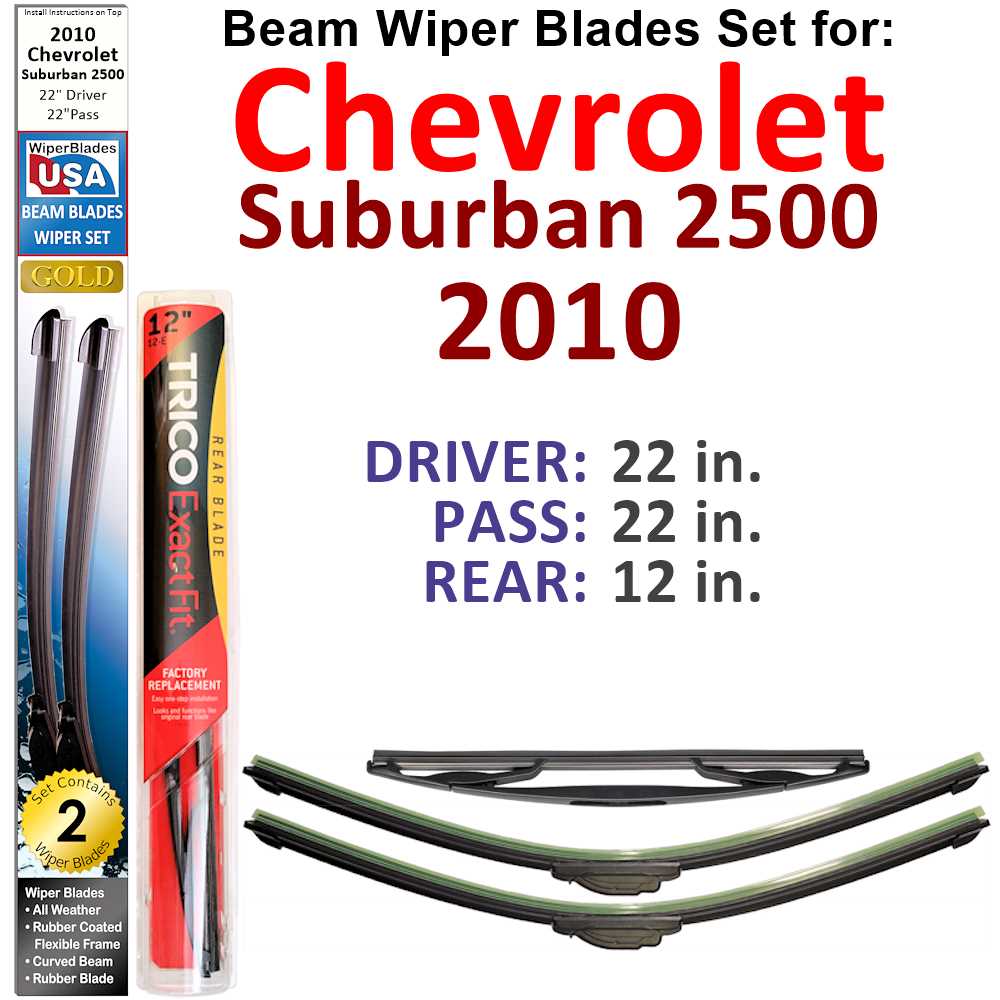 Set of 3 Beam Wiper Blades designed for 2010 Chevrolet Suburban 2500, showcasing their flexible and durable construction.