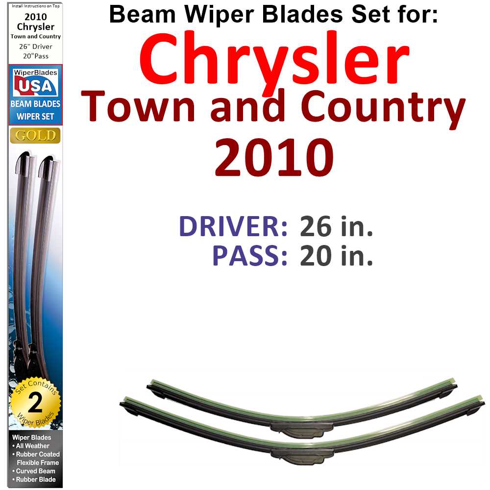 Set of 2 Beam Wiper Blades designed for 2010 Chrysler Town and Country, showcasing their flexible and durable construction.