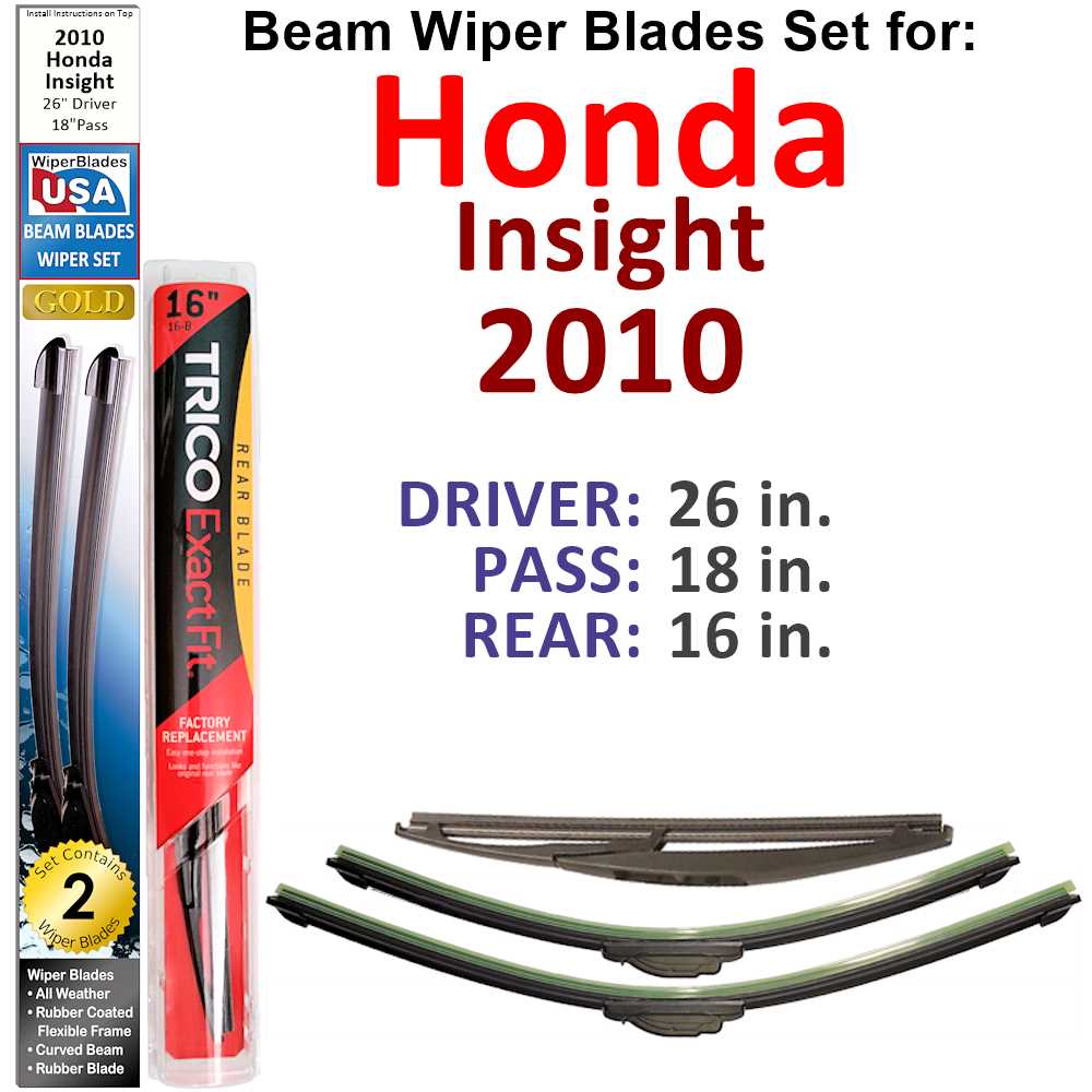 Set of 3 Beam Wiper Blades designed for 2010 Honda Insight, showcasing their flexible and durable construction.
