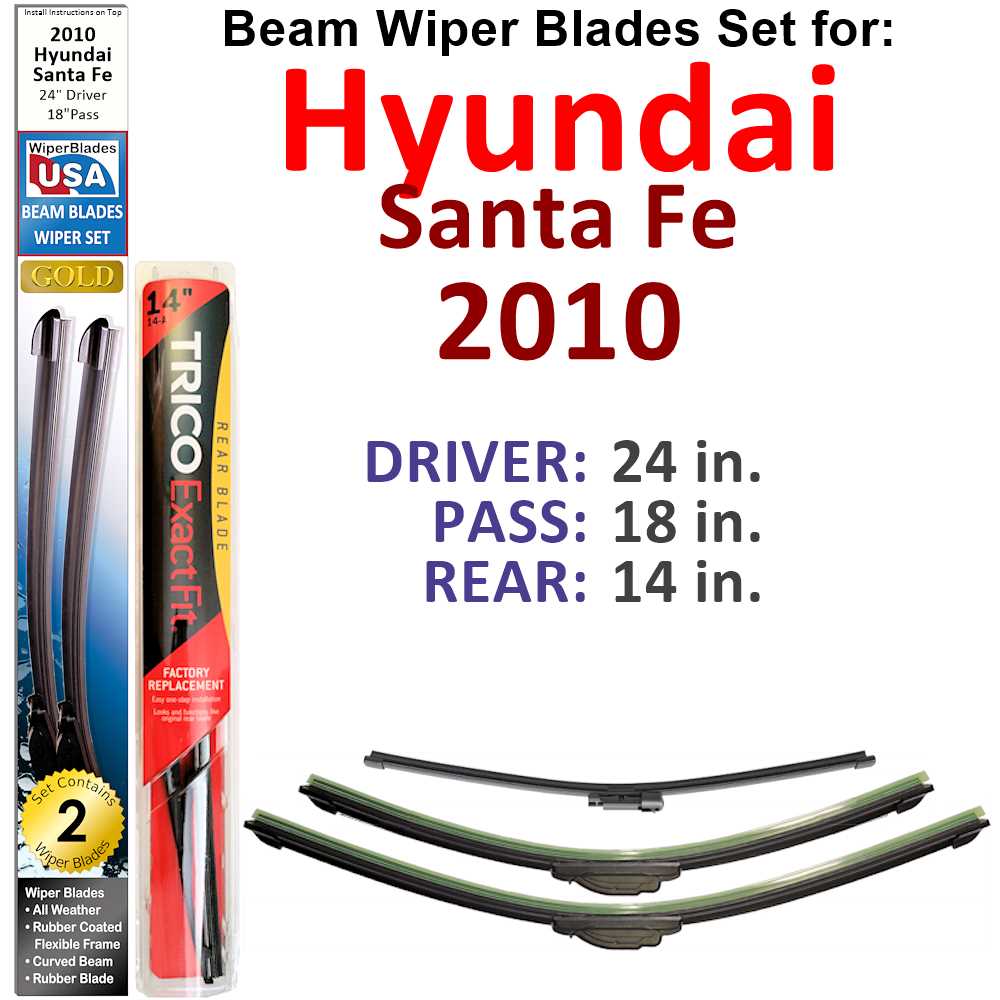 Set of 3 Beam Wiper Blades designed for 2010 Hyundai Santa Fe, showcasing their flexible and durable construction.